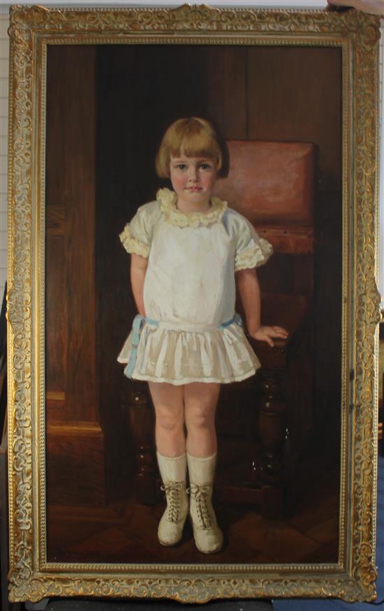 W J Gibbs Portrait of a girl standing before a chair, 42 x 24in.